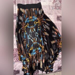 Zara Black A-Line Skirt with Blue and Gold Chain Print